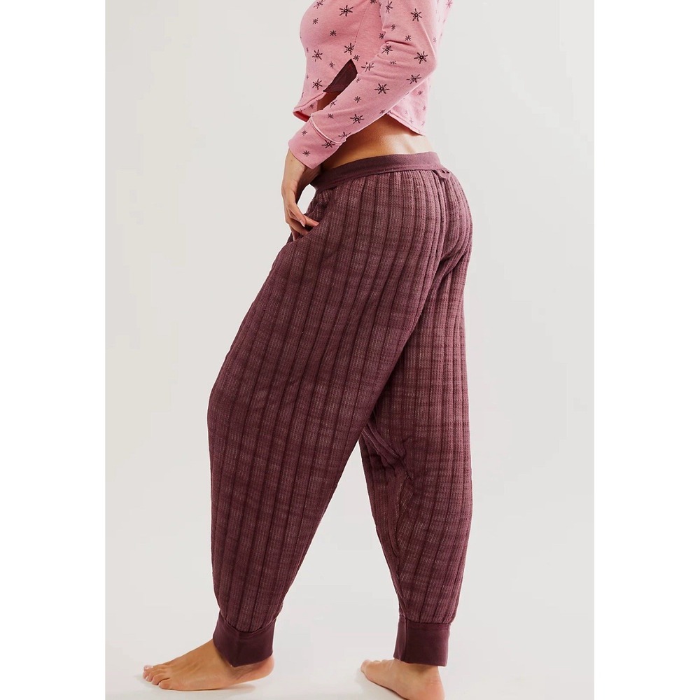 Free People Quilted Love PJ Pants Sz S Relaxed Soft Warm Purple Red